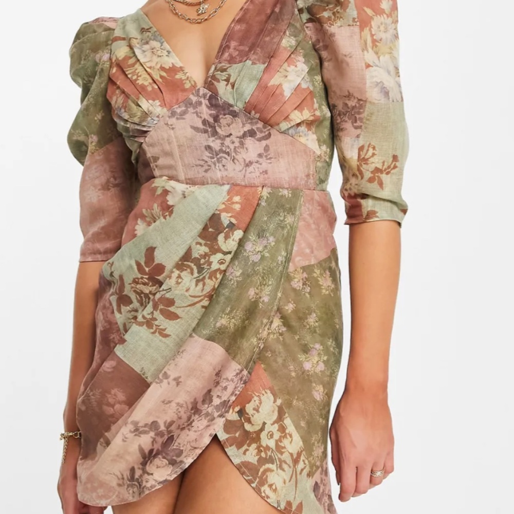 Wrap skirt mini dress with ruched bust & puff sleeves (Size 14 US) - ASOS DESIGN